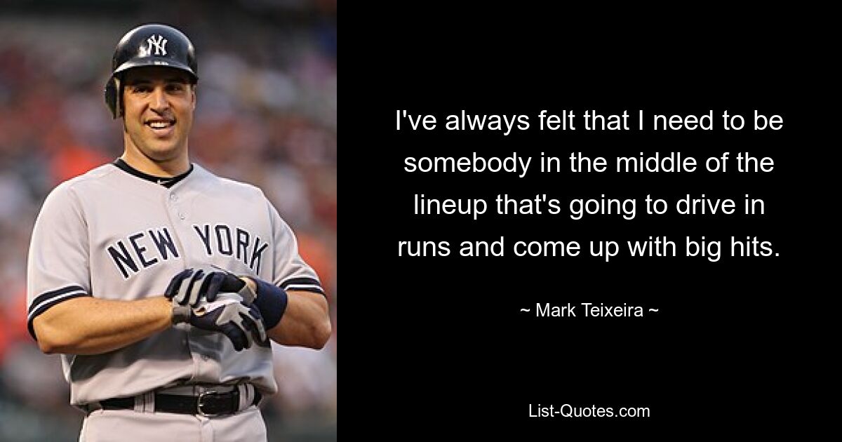 I've always felt that I need to be somebody in the middle of the lineup that's going to drive in runs and come up with big hits. — © Mark Teixeira