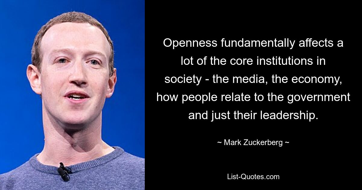 Openness fundamentally affects a lot of the core institutions in society - the media, the economy, how people relate to the government and just their leadership. — © Mark Zuckerberg