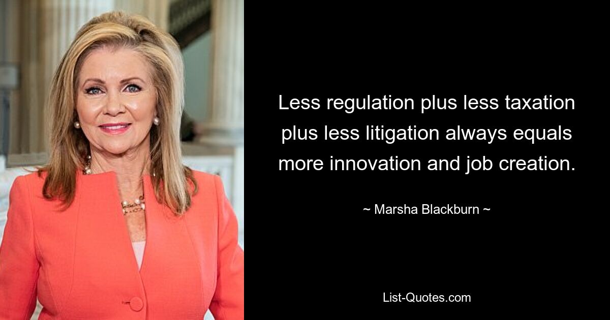 Less regulation plus less taxation plus less litigation always equals more innovation and job creation. — © Marsha Blackburn