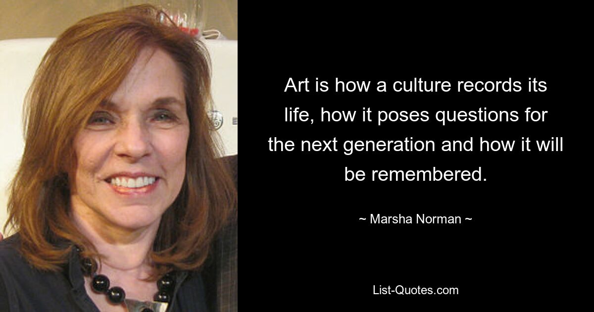 Art is how a culture records its life, how it poses questions for the next generation and how it will be remembered. — © Marsha Norman