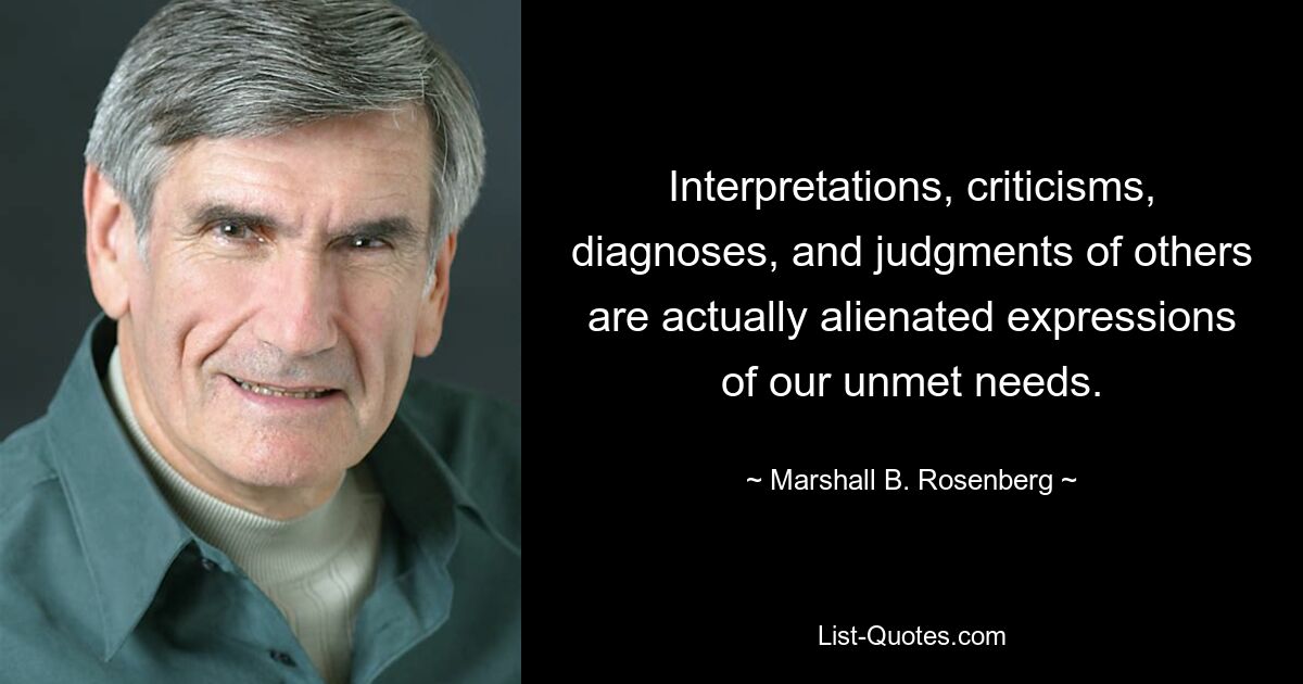 Interpretations, criticisms, diagnoses, and judgments of others are actually alienated expressions of our unmet needs. — © Marshall B. Rosenberg