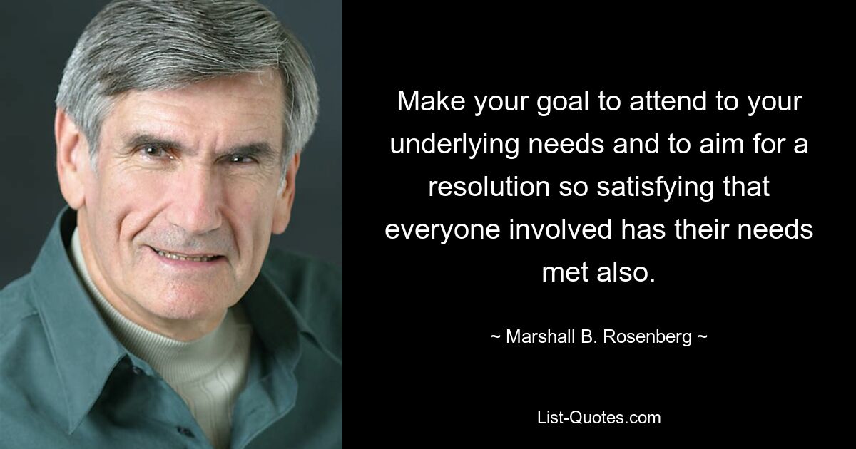 Make your goal to attend to your underlying needs and to aim for a resolution so satisfying that everyone involved has their needs met also. — © Marshall B. Rosenberg