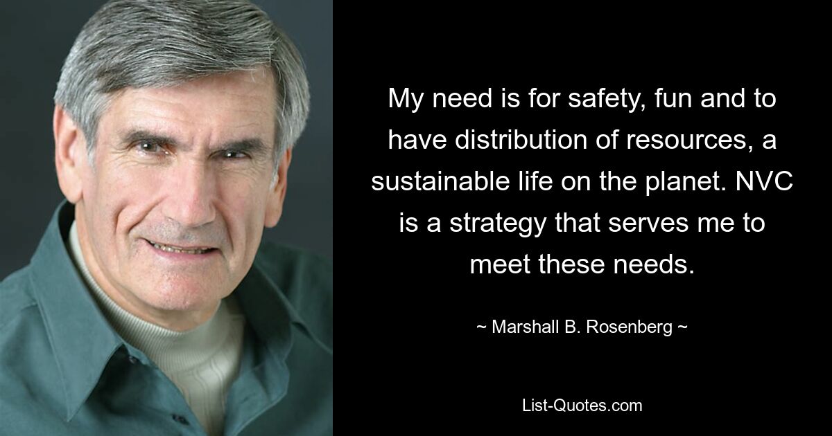 My need is for safety, fun and to have distribution of resources, a sustainable life on the planet. NVC is a strategy that serves me to meet these needs. — © Marshall B. Rosenberg