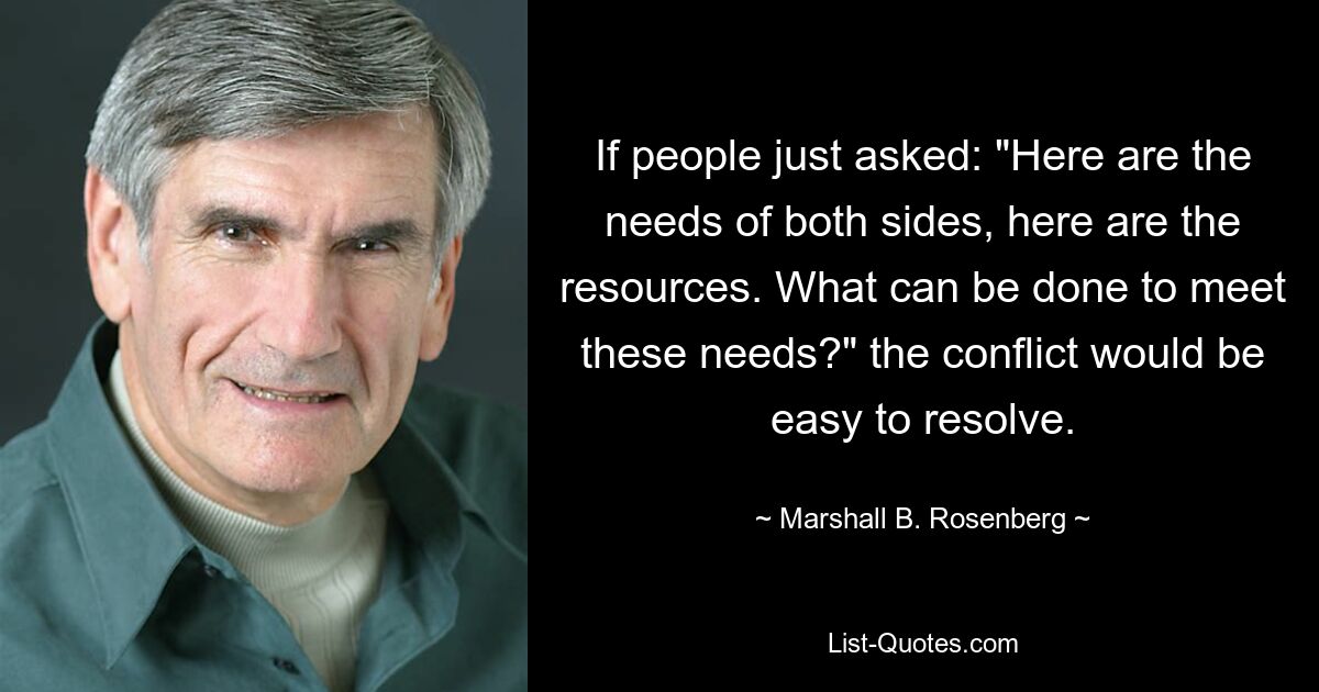 Если бы люди просто спросили: «Вот потребности обеих сторон, вот ресурсы. Что можно сделать для удовлетворения этих потребностей?» конфликт будет легко разрешить. — © Маршалл Б. Розенберг