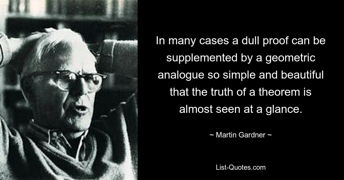 In vielen Fällen kann ein langweiliger Beweis durch ein geometrisches Analogon ergänzt werden, das so einfach und schön ist, dass die Wahrheit eines Theorems fast auf den ersten Blick erkennbar ist. — © Martin Gardner