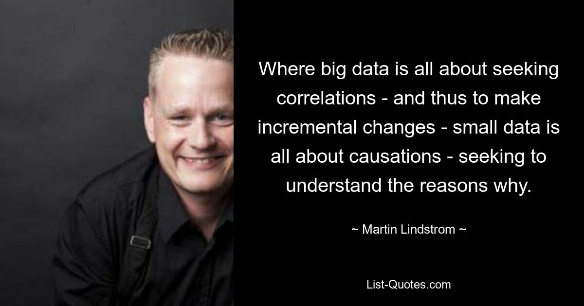 Where big data is all about seeking correlations - and thus to make incremental changes - small data is all about causations - seeking to understand the reasons why. — © Martin Lindstrom