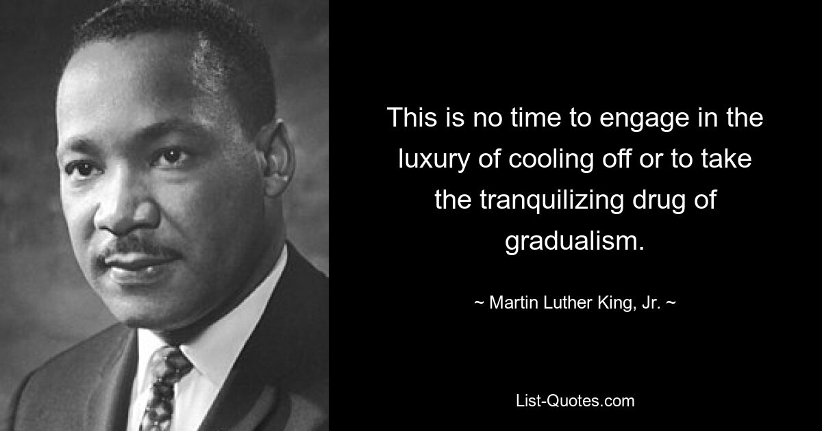 This is no time to engage in the luxury of cooling off or to take the tranquilizing drug of gradualism. — © Martin Luther King, Jr.