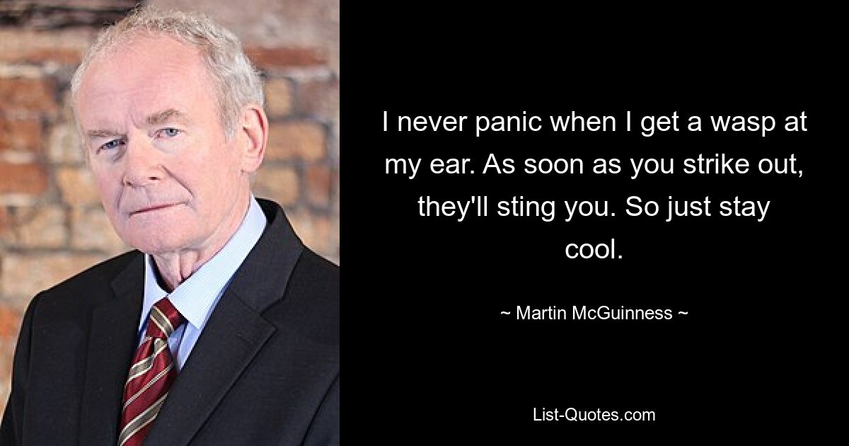 I never panic when I get a wasp at my ear. As soon as you strike out, they'll sting you. So just stay cool. — © Martin McGuinness