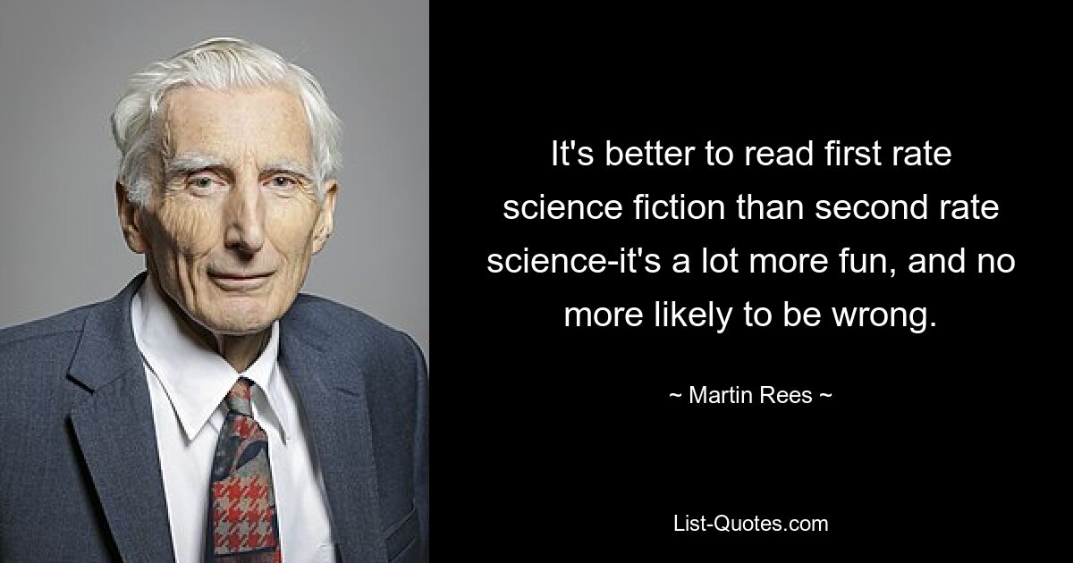 It's better to read first rate science fiction than second rate science-it's a lot more fun, and no more likely to be wrong. — © Martin Rees