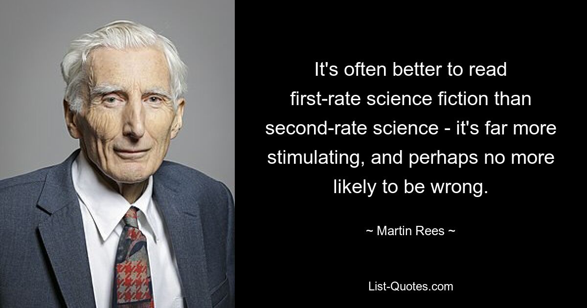 It's often better to read first-rate science fiction than second-rate science - it's far more stimulating, and perhaps no more likely to be wrong. — © Martin Rees