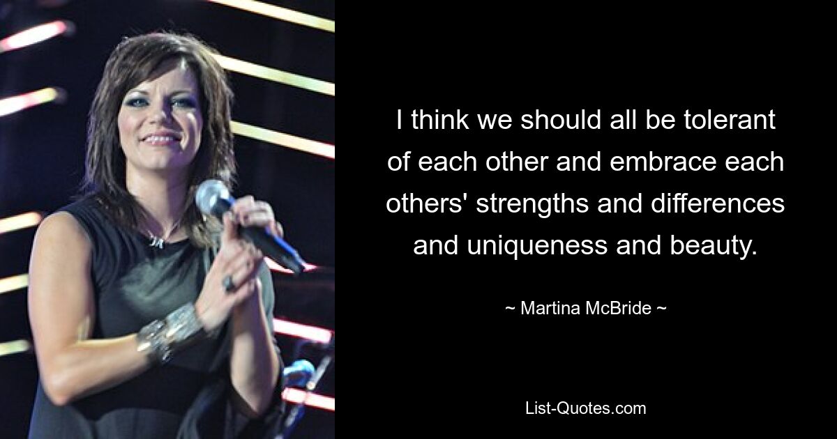 I think we should all be tolerant of each other and embrace each others' strengths and differences and uniqueness and beauty. — © Martina McBride