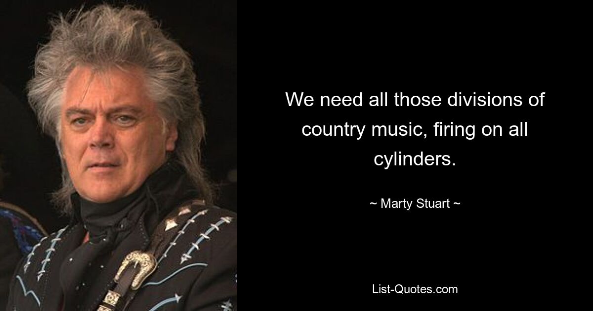 We need all those divisions of country music, firing on all cylinders. — © Marty Stuart