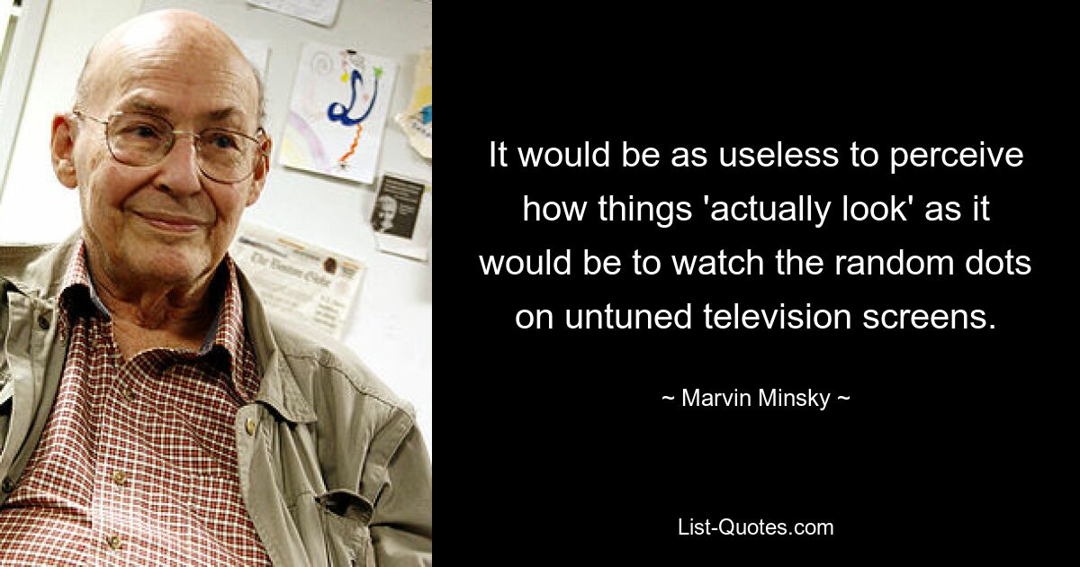 It would be as useless to perceive how things 'actually look' as it would be to watch the random dots on untuned television screens. — © Marvin Minsky