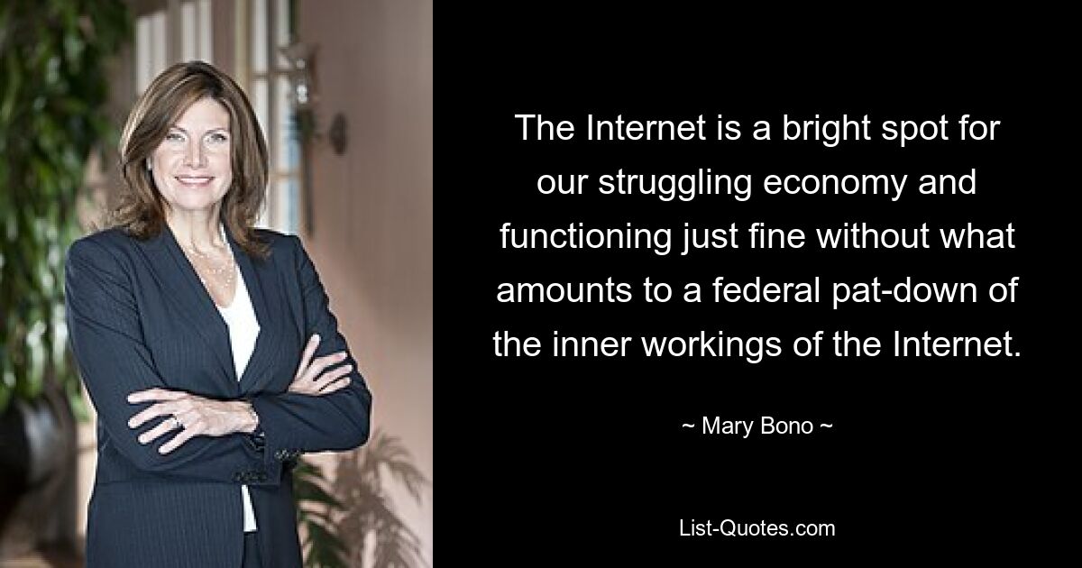 The Internet is a bright spot for our struggling economy and functioning just fine without what amounts to a federal pat-down of the inner workings of the Internet. — © Mary Bono