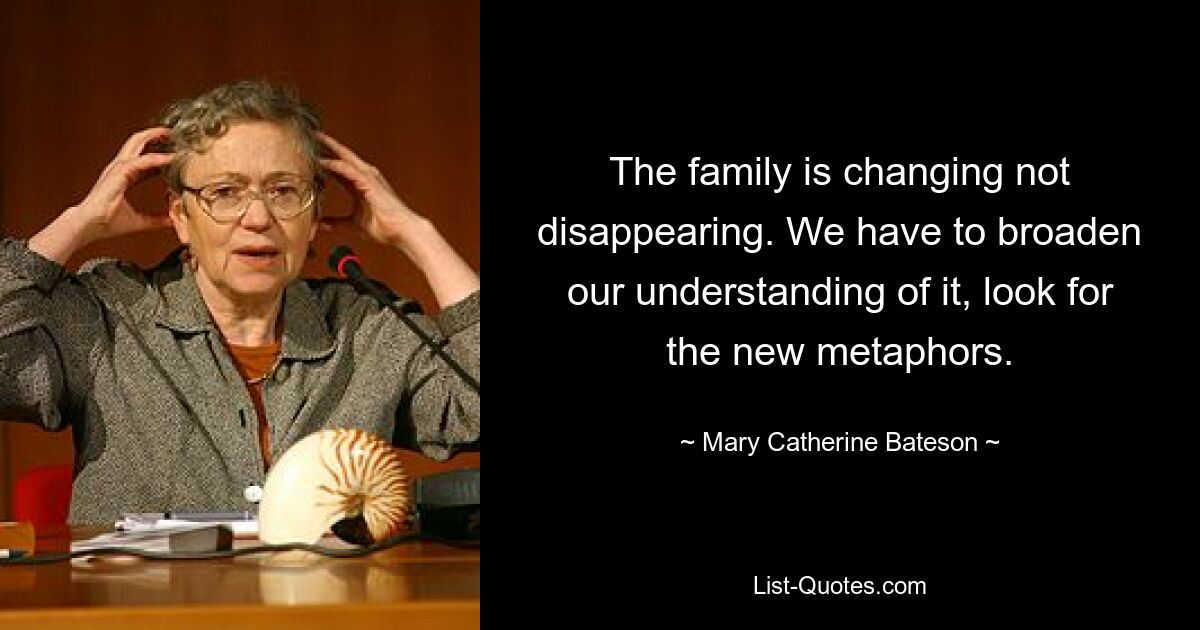 The family is changing not disappearing. We have to broaden our understanding of it, look for the new metaphors. — © Mary Catherine Bateson