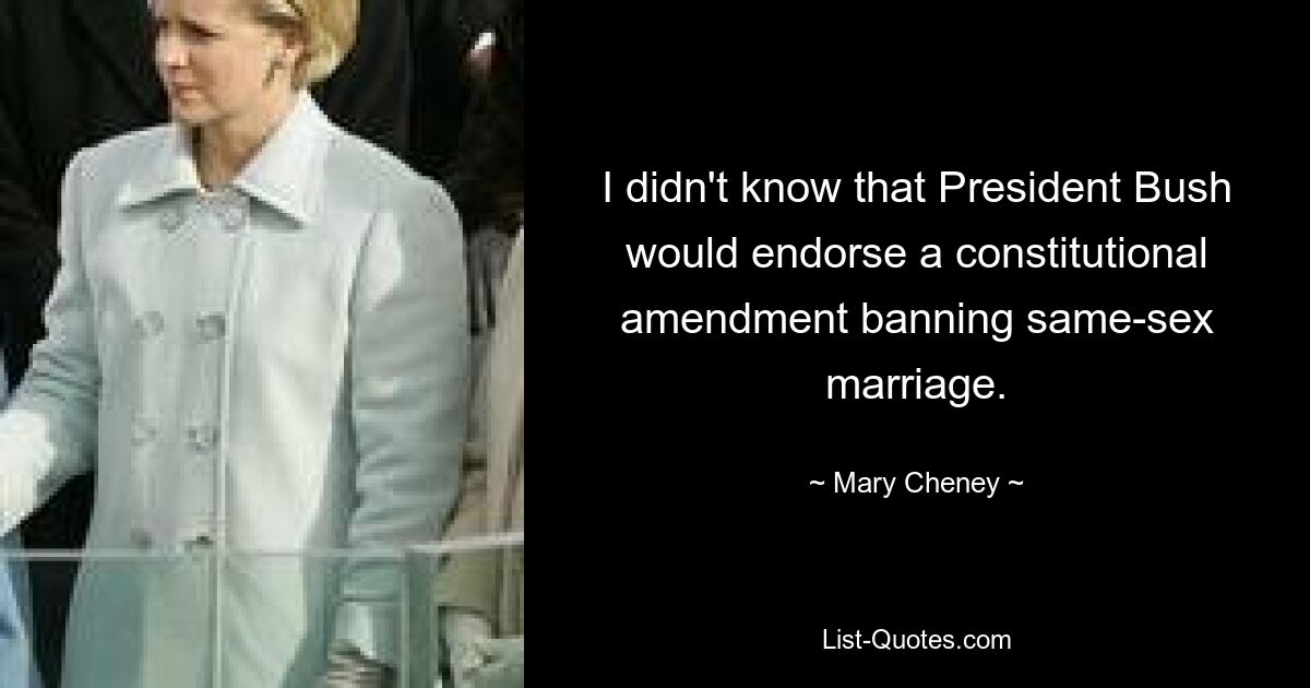 I didn't know that President Bush would endorse a constitutional amendment banning same-sex marriage. — © Mary Cheney