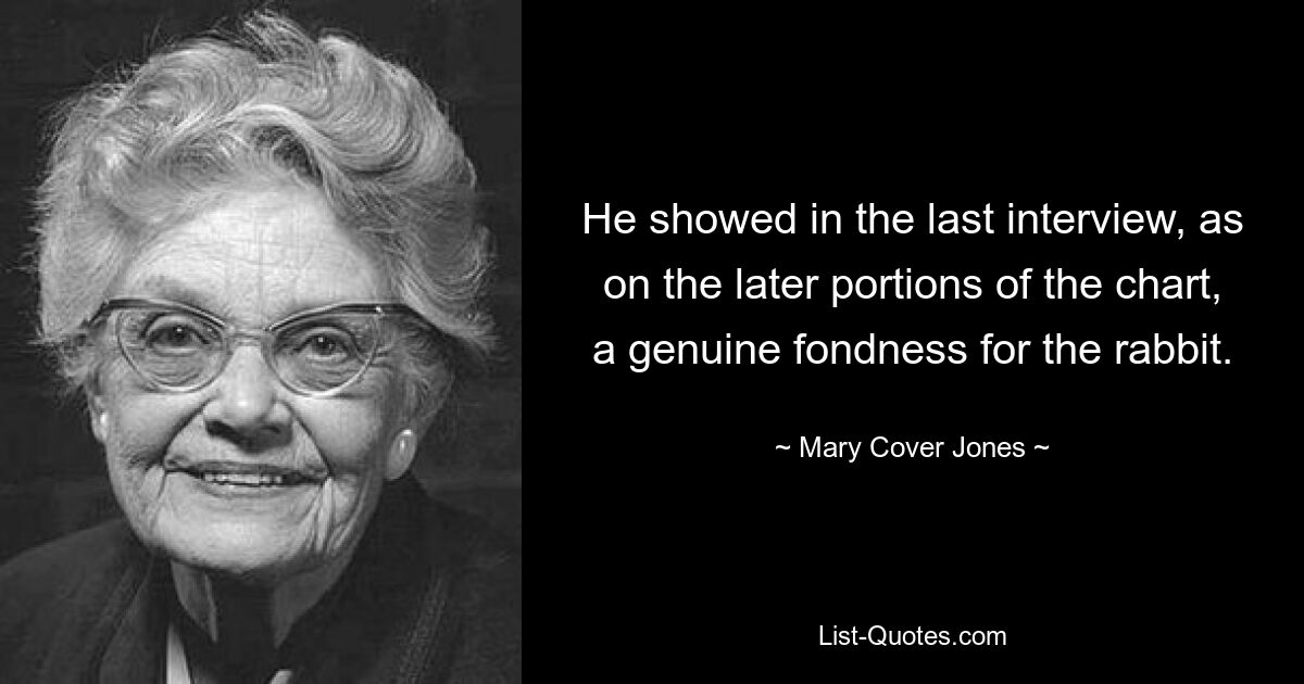 He showed in the last interview, as on the later portions of the chart, a genuine fondness for the rabbit. — © Mary Cover Jones