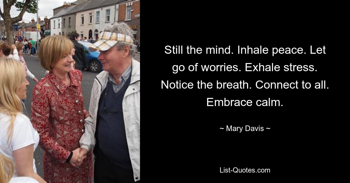 Still the mind. Inhale peace. Let go of worries. Exhale stress. Notice the breath. Connect to all. Embrace calm. — © Mary Davis