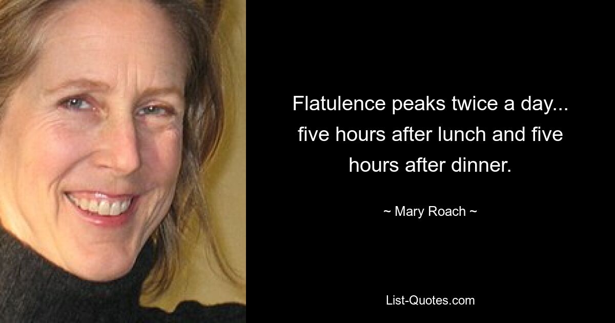 Flatulence peaks twice a day... five hours after lunch and five hours after dinner. — © Mary Roach