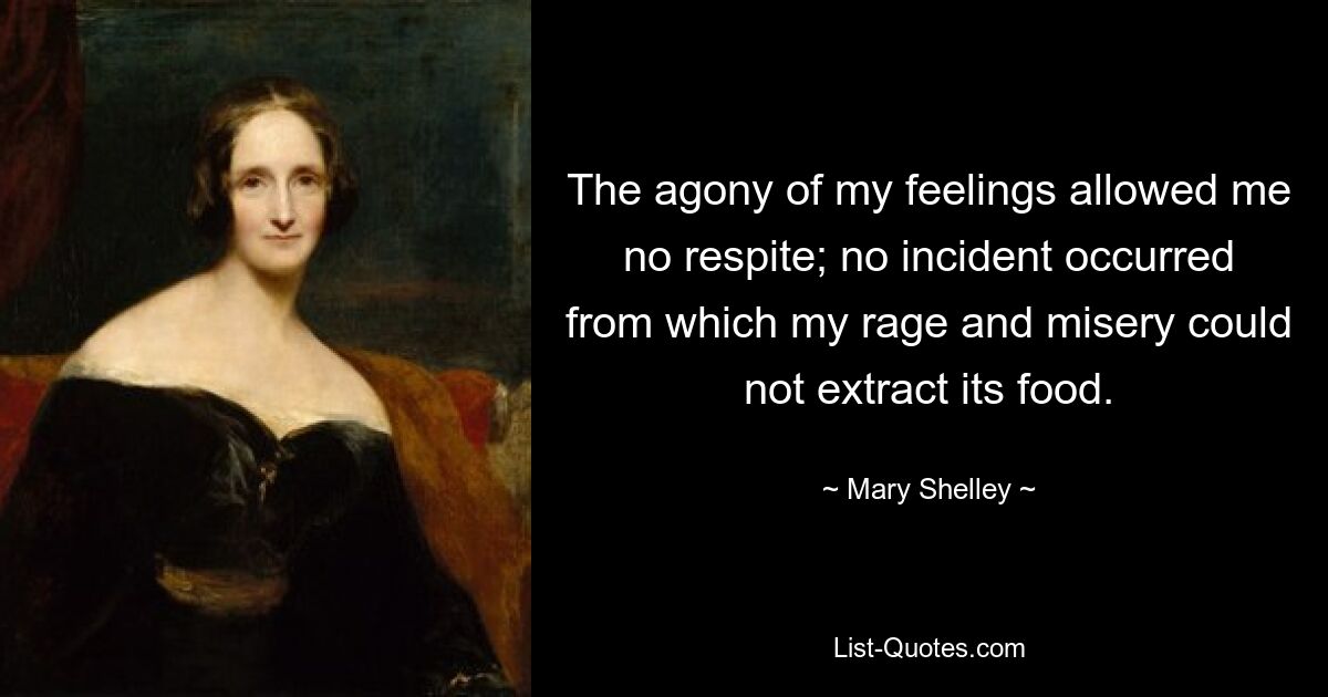 The agony of my feelings allowed me no respite; no incident occurred from which my rage and misery could not extract its food. — © Mary Shelley