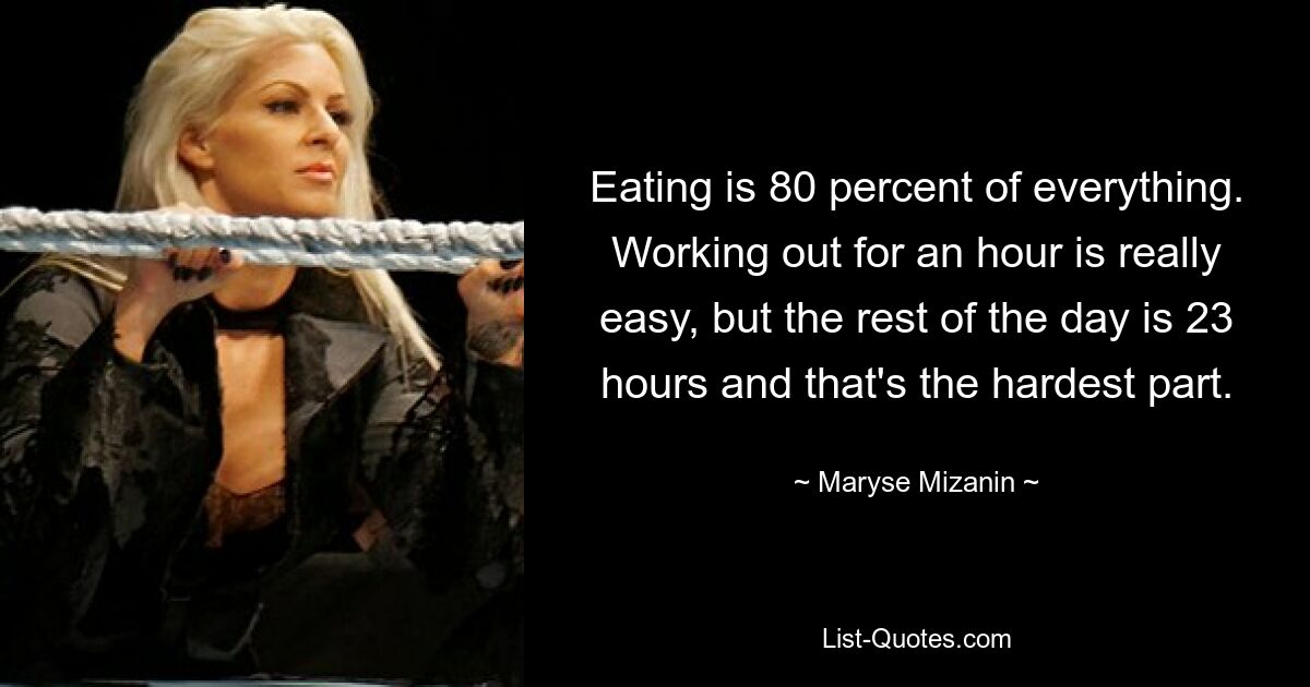 Eating is 80 percent of everything. Working out for an hour is really easy, but the rest of the day is 23 hours and that's the hardest part. — © Maryse Mizanin