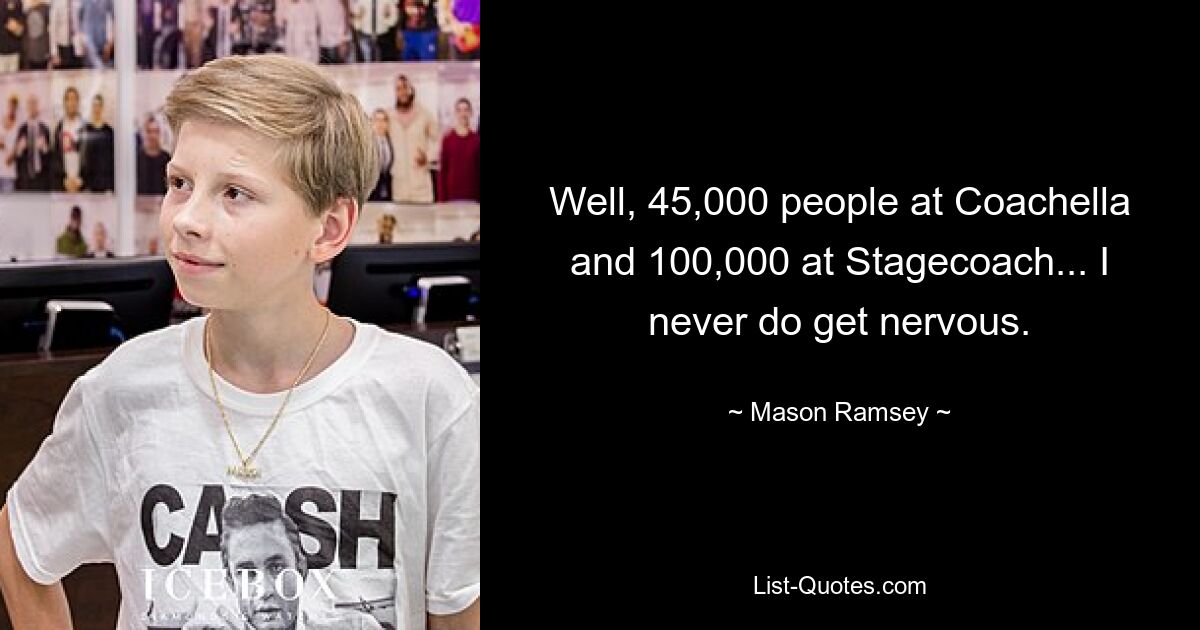 Well, 45,000 people at Coachella and 100,000 at Stagecoach... I never do get nervous. — © Mason Ramsey