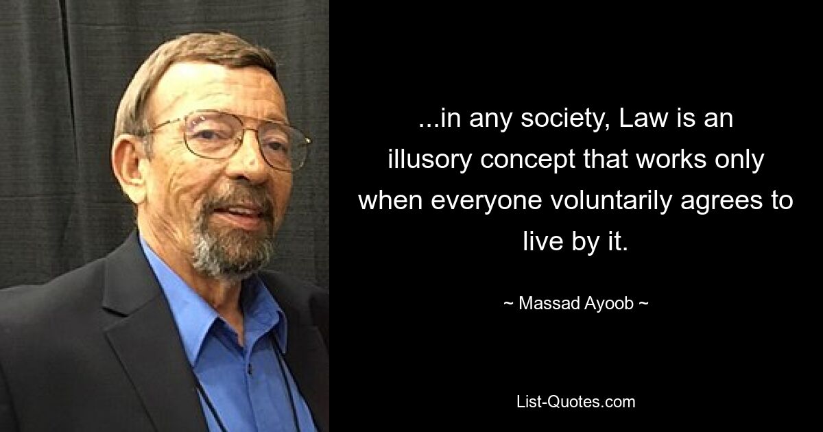 ...in any society, Law is an illusory concept that works only when everyone voluntarily agrees to live by it. — © Massad Ayoob