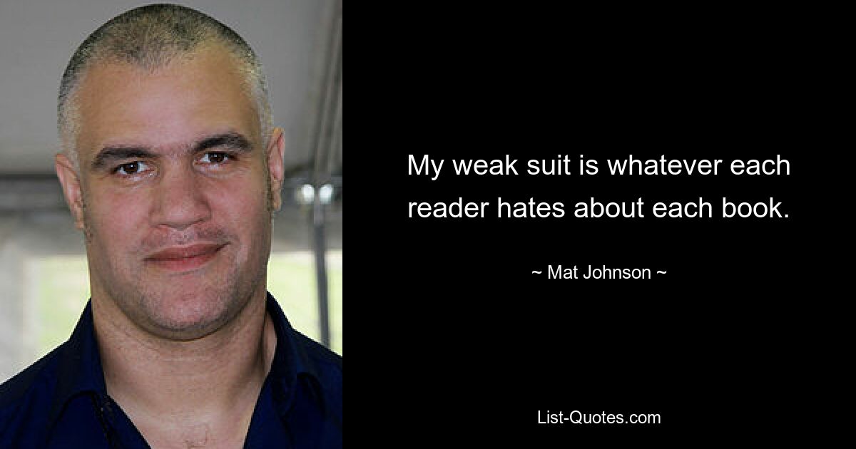 My weak suit is whatever each reader hates about each book. — © Mat Johnson