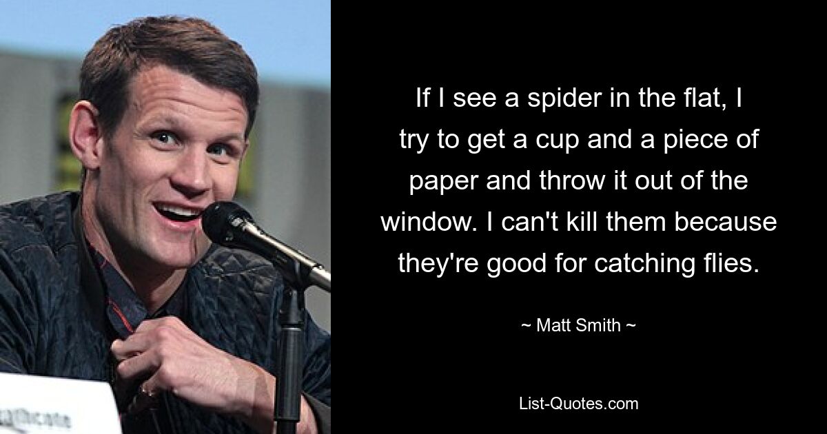 If I see a spider in the flat, I try to get a cup and a piece of paper and throw it out of the window. I can't kill them because they're good for catching flies. — © Matt Smith