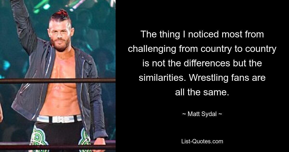 The thing I noticed most from challenging from country to country is not the differences but the similarities. Wrestling fans are all the same. — © Matt Sydal