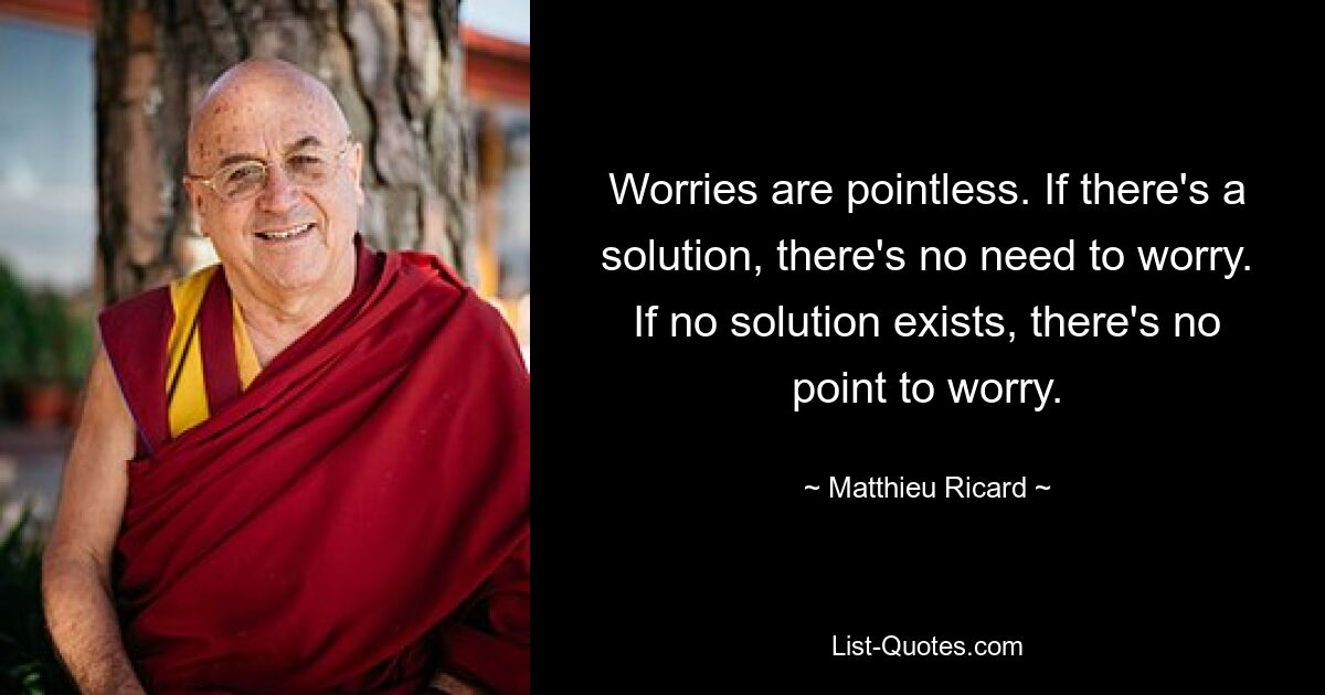 Worries are pointless. If there's a solution, there's no need to worry. If no solution exists, there's no point to worry. — © Matthieu Ricard