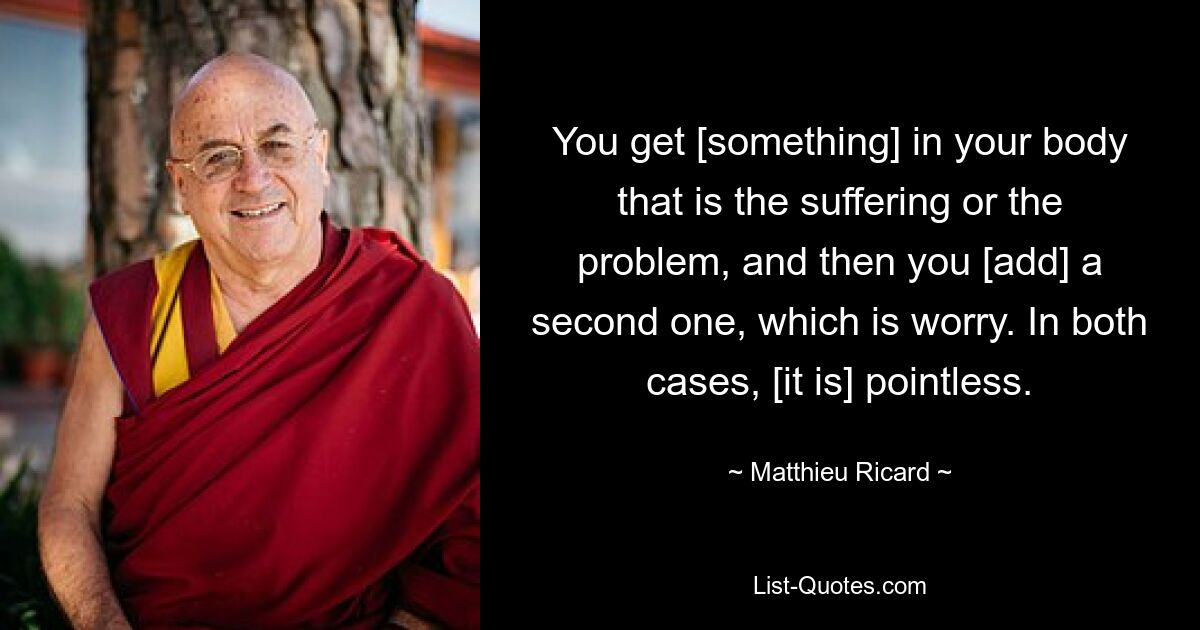 You get [something] in your body that is the suffering or the problem, and then you [add] a second one, which is worry. In both cases, [it is] pointless. — © Matthieu Ricard