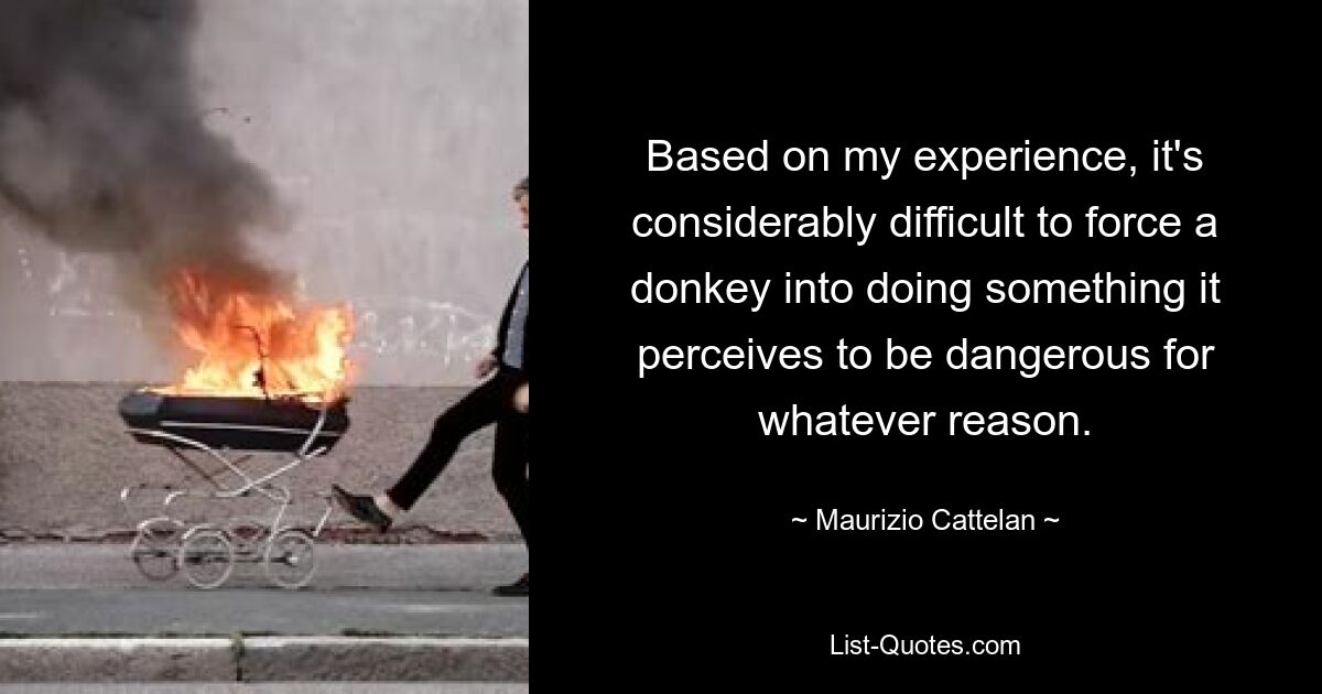 Based on my experience, it's considerably difficult to force a donkey into doing something it perceives to be dangerous for whatever reason. — © Maurizio Cattelan