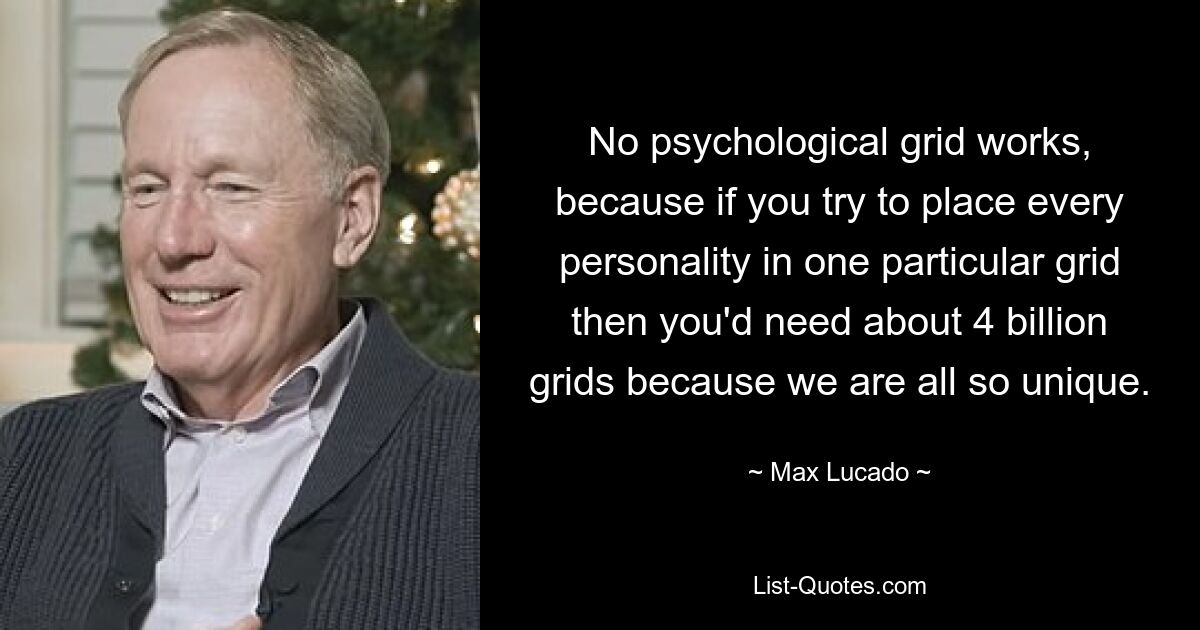 Никакая психологическая сетка не работает, потому что если вы попытаетесь поместить каждую личность в одну конкретную сетку, вам понадобится около 4 миллиардов сеток, потому что мы все настолько уникальны. — © Макс Лукадо 