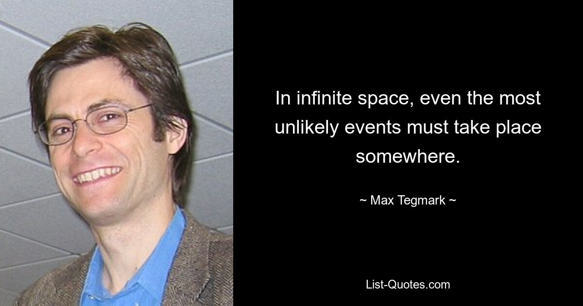 In infinite space, even the most unlikely events must take place somewhere. — © Max Tegmark