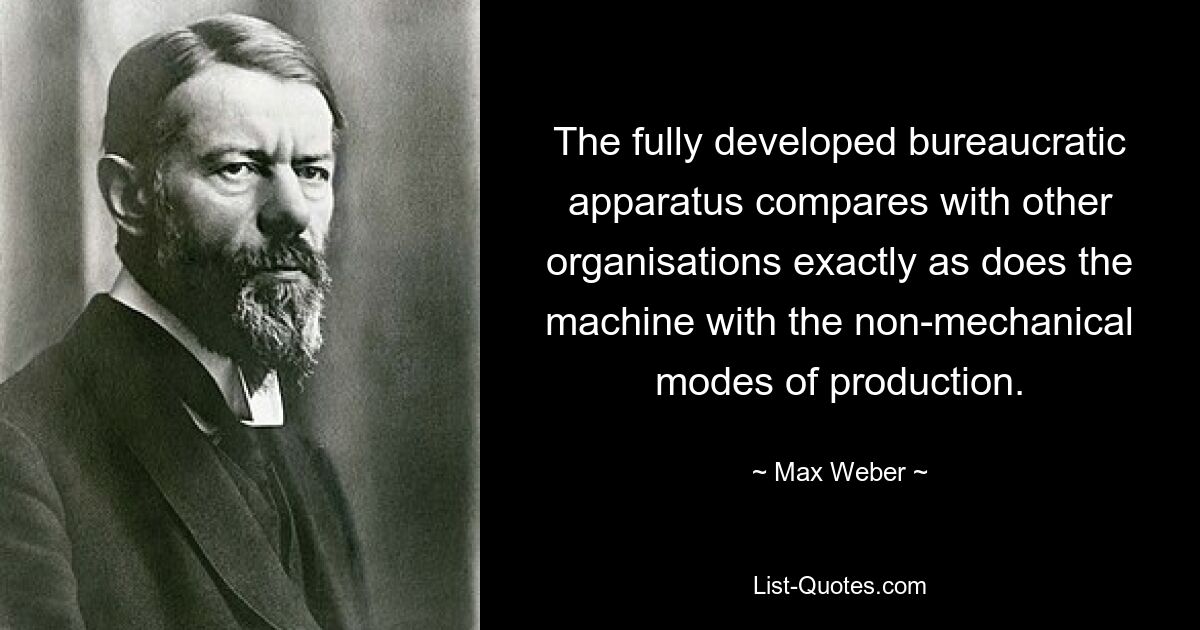 The fully developed bureaucratic apparatus compares with other organisations exactly as does the machine with the non-mechanical modes of production. — © Max Weber