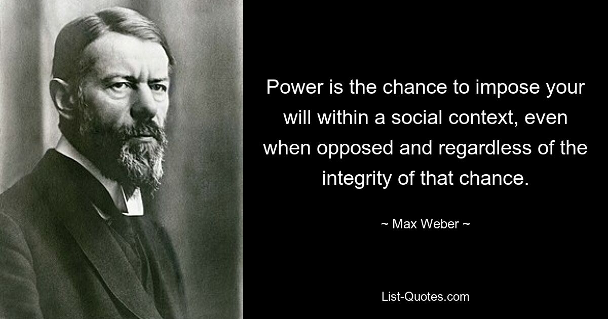 Power is the chance to impose your will within a social context, even when opposed and regardless of the integrity of that chance. — © Max Weber