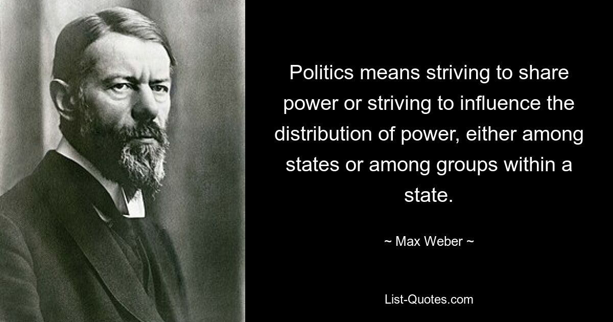 Politics means striving to share power or striving to influence the distribution of power, either among states or among groups within a state. — © Max Weber