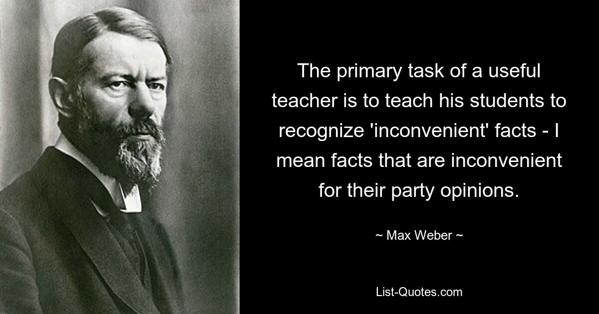 Первостепенная задача полезного учителя — научить своих учеников распознавать «неудобные» факты — я имею в виду факты, неудобные для их партийного мнения. — © Макс Вебер 