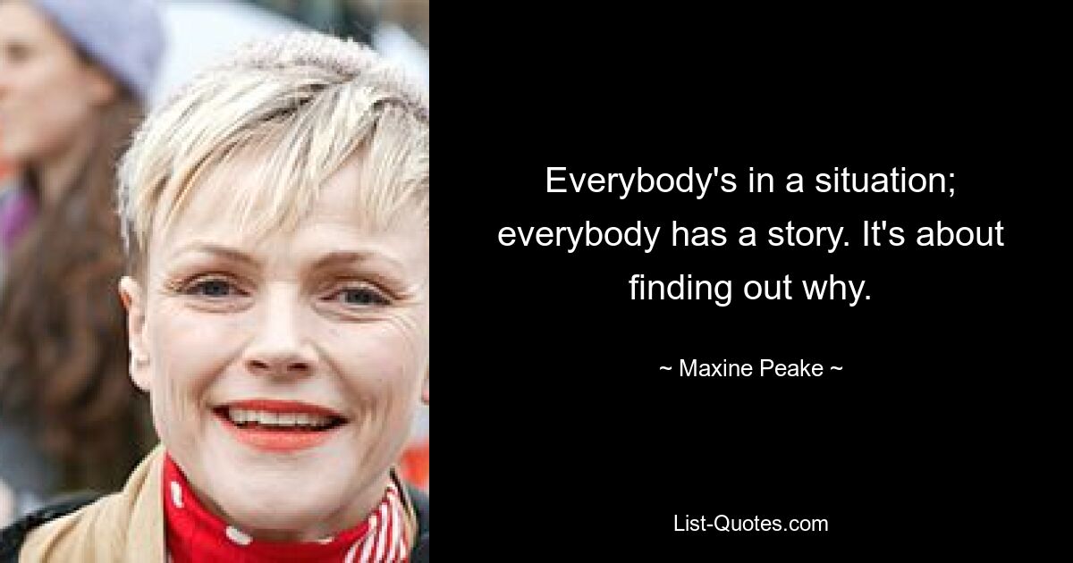 Everybody's in a situation; everybody has a story. It's about finding out why. — © Maxine Peake