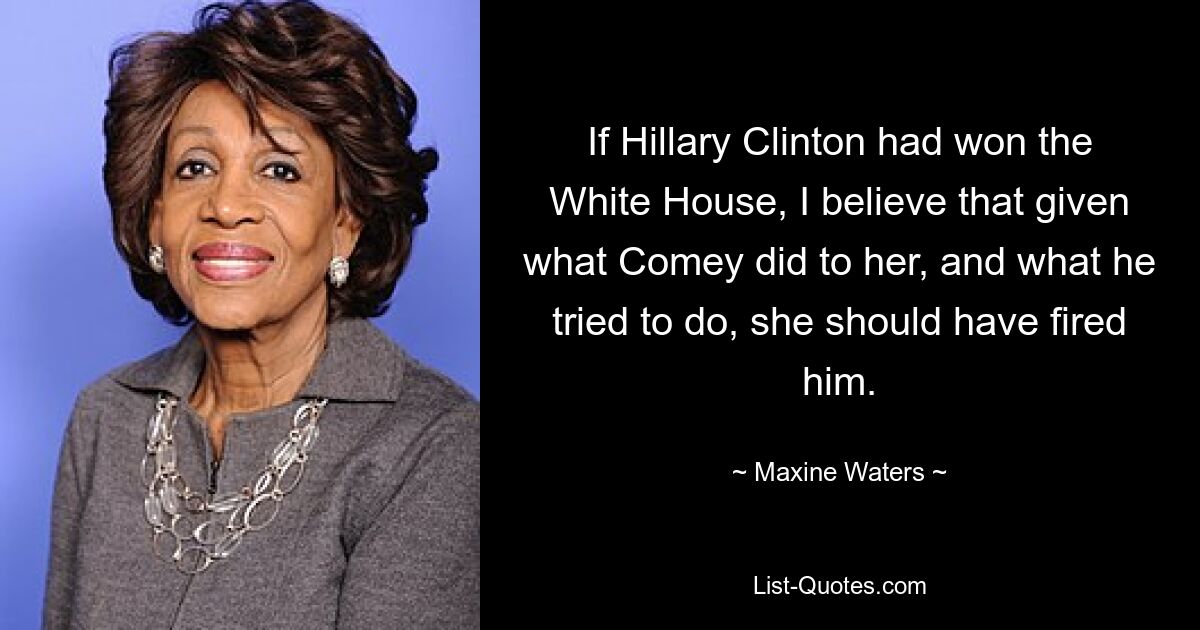 If Hillary Clinton had won the White House, I believe that given what Comey did to her, and what he tried to do, she should have fired him. — © Maxine Waters