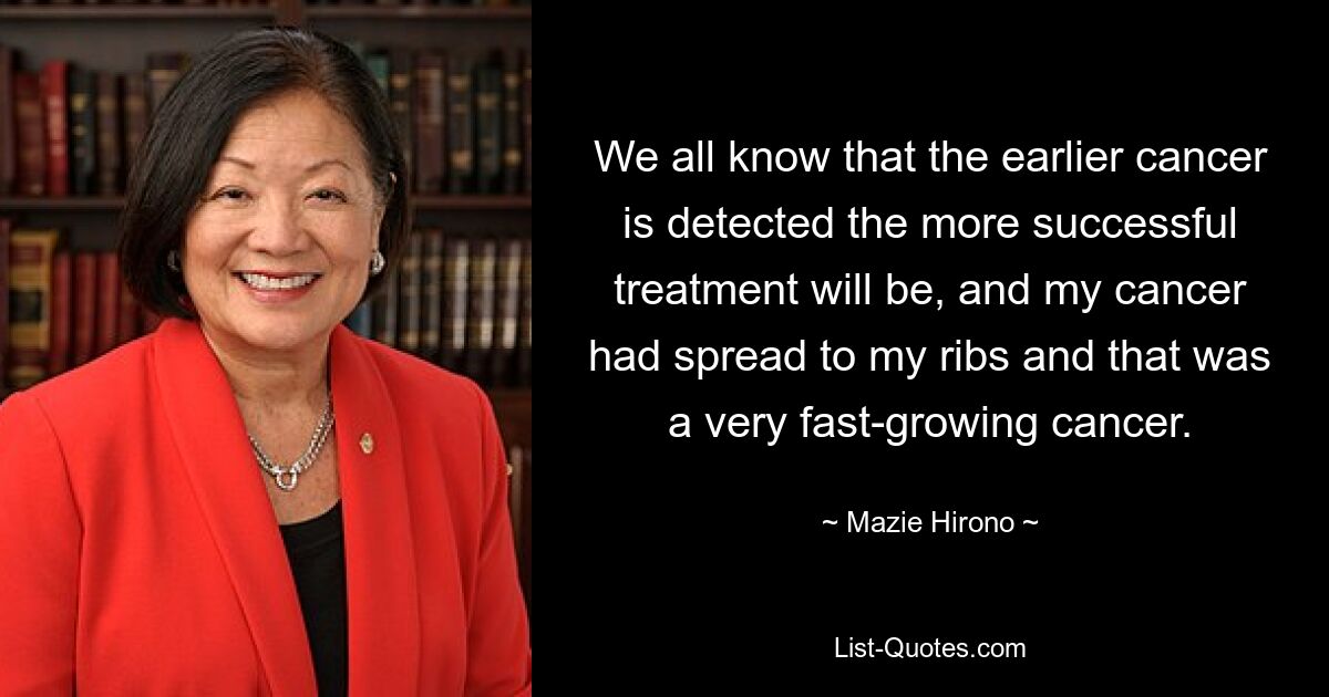 We all know that the earlier cancer is detected the more successful treatment will be, and my cancer had spread to my ribs and that was a very fast-growing cancer. — © Mazie Hirono