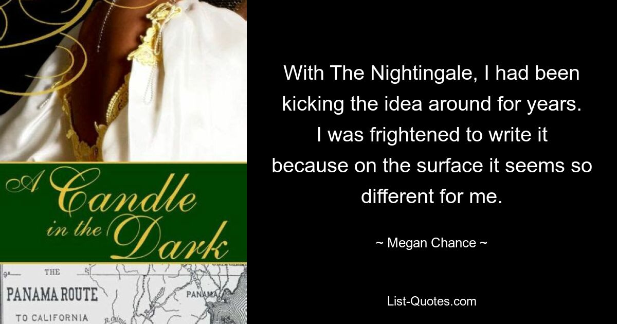 With The Nightingale, I had been kicking the idea around for years. I was frightened to write it because on the surface it seems so different for me. — © Megan Chance