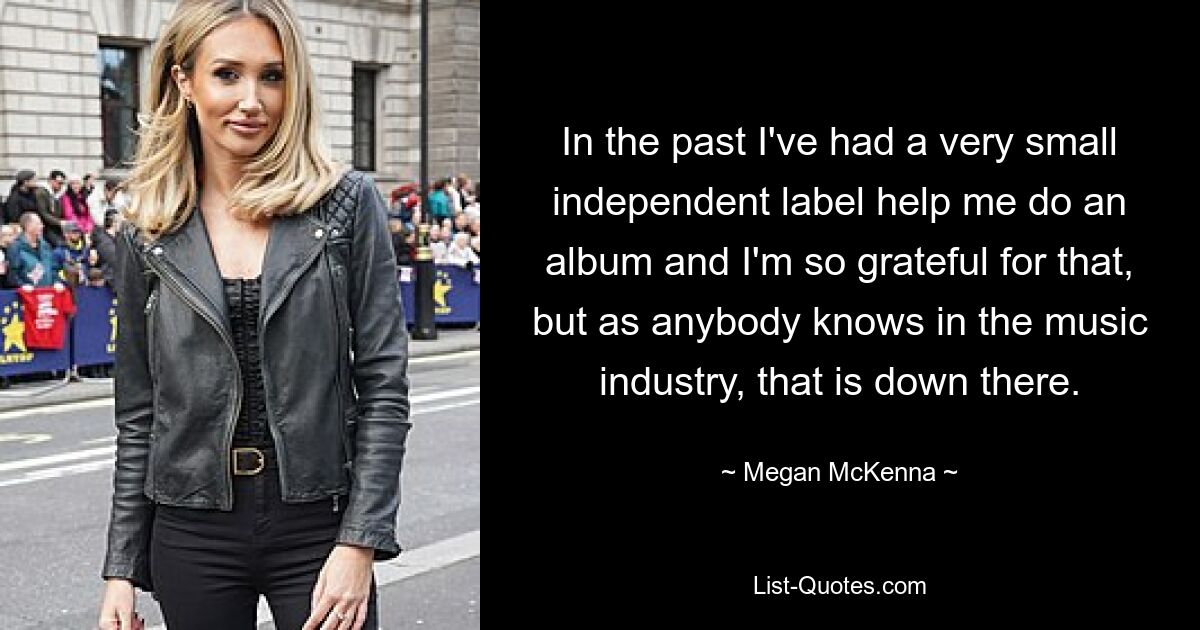 In the past I've had a very small independent label help me do an album and I'm so grateful for that, but as anybody knows in the music industry, that is down there. — © Megan McKenna