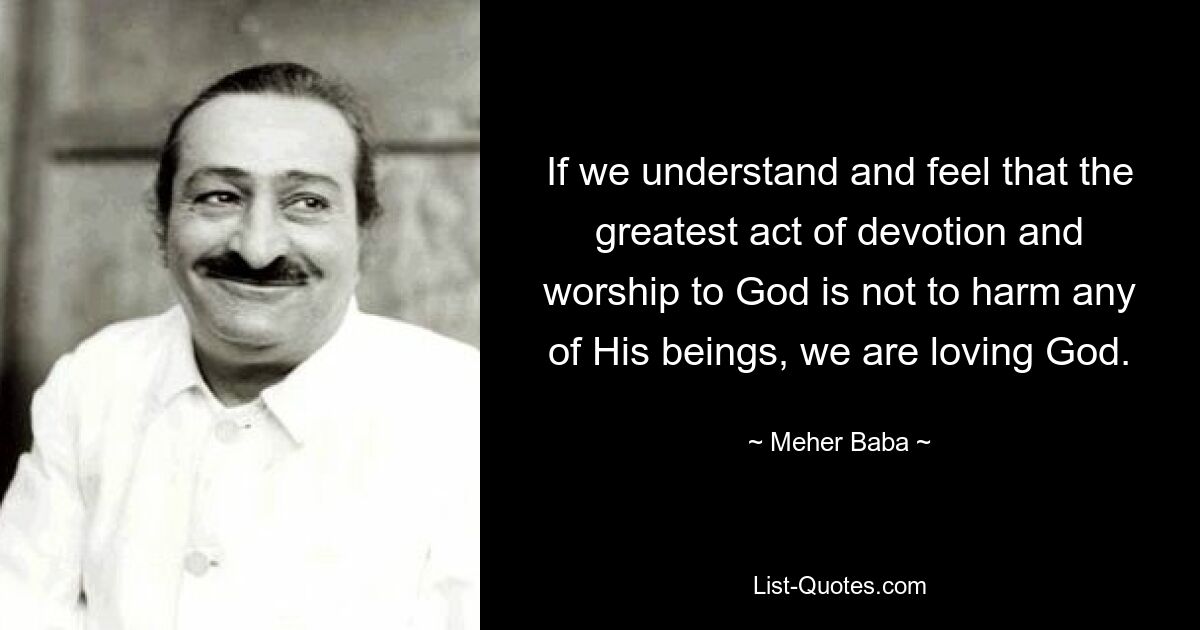 If we understand and feel that the greatest act of devotion and worship to God is not to harm any of His beings, we are loving God. — © Meher Baba