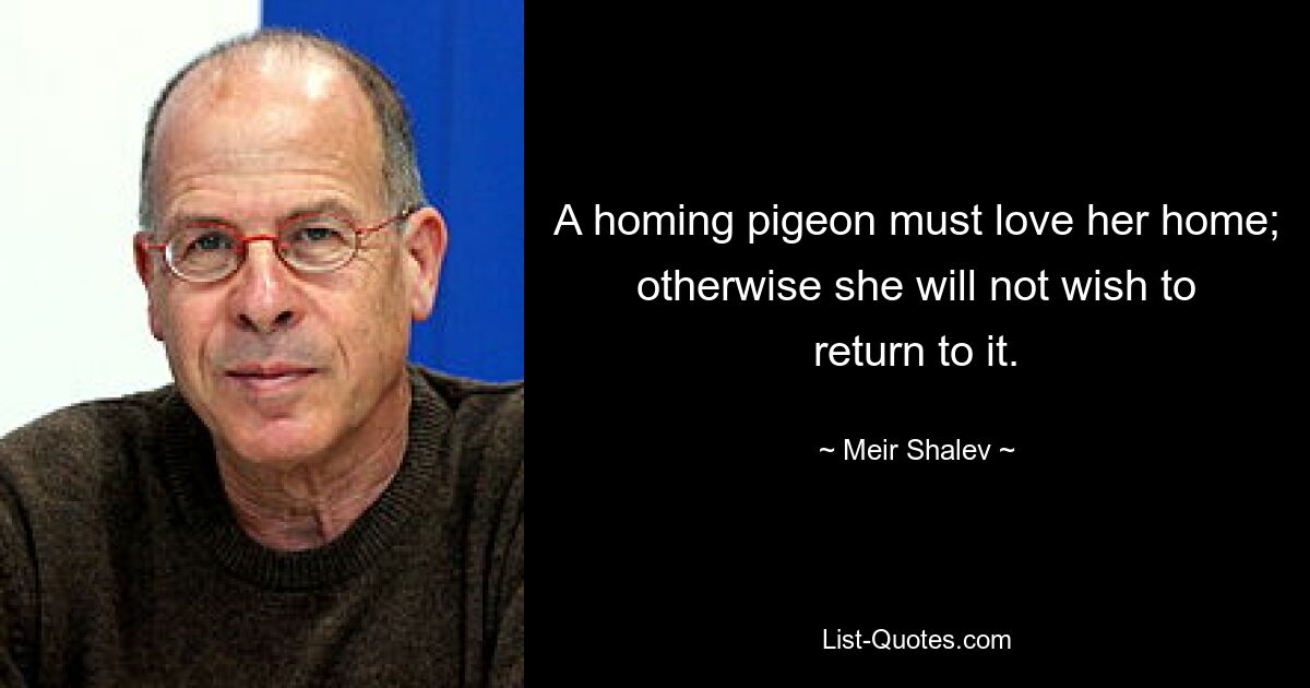 A homing pigeon must love her home; otherwise she will not wish to return to it. — © Meir Shalev