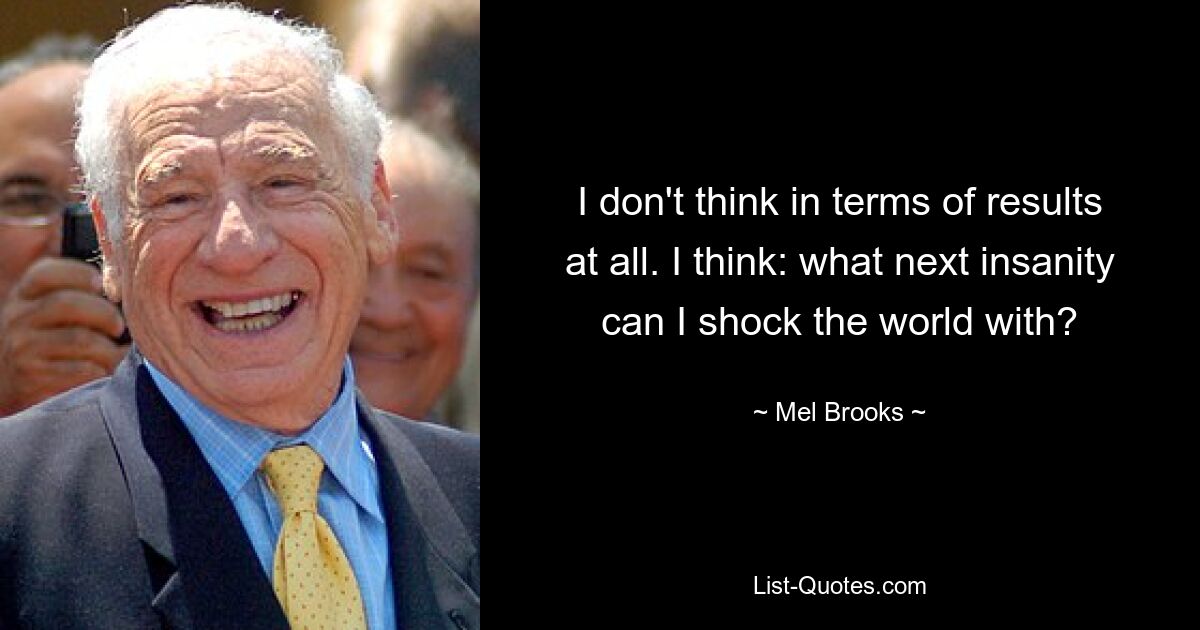 I don't think in terms of results at all. I think: what next insanity can I shock the world with? — © Mel Brooks