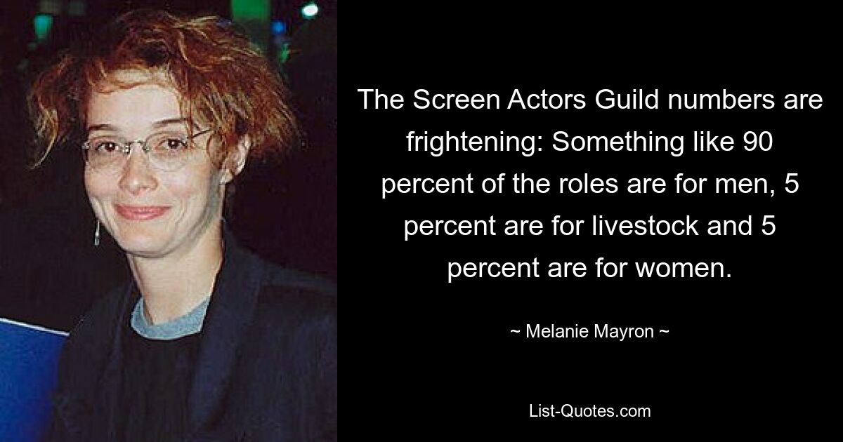 The Screen Actors Guild numbers are frightening: Something like 90 percent of the roles are for men, 5 percent are for livestock and 5 percent are for women. — © Melanie Mayron