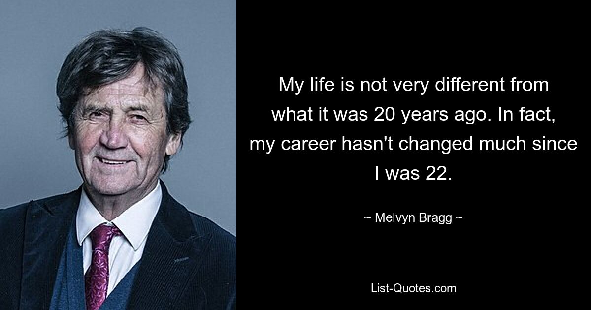 My life is not very different from what it was 20 years ago. In fact, my career hasn't changed much since I was 22. — © Melvyn Bragg