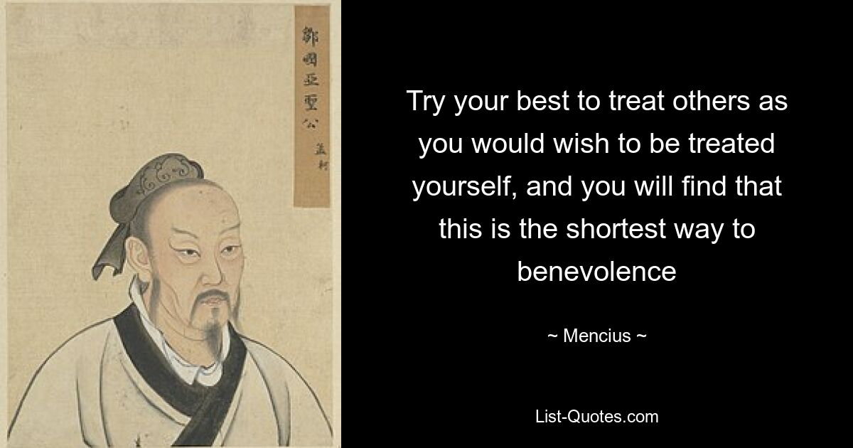 Try your best to treat others as you would wish to be treated yourself, and you will find that this is the shortest way to benevolence — © Mencius